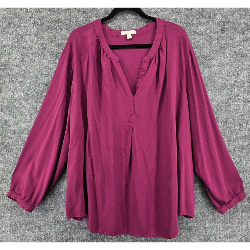 Woman Within Blouse Womens 4X Purple Rayon V-Neck Long Sleeve Pleated Office